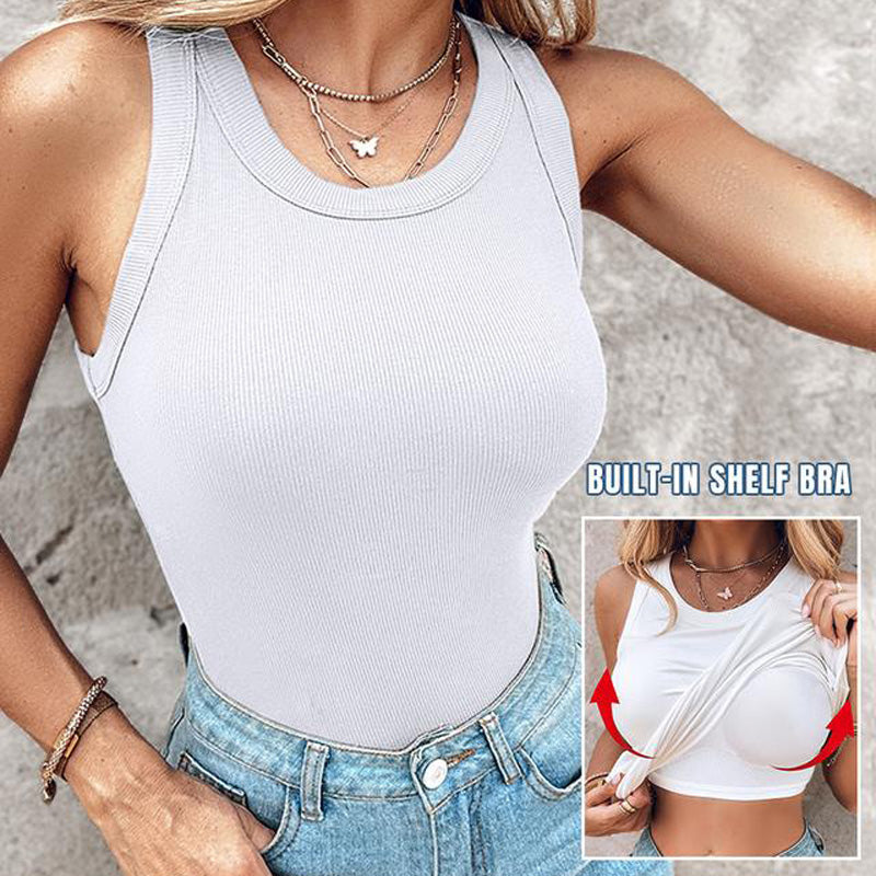 💓Summer Hot Sale £8.99!!🏖️Women’s Ribbed Stretch Tank Top with Built-In Shelf Bra